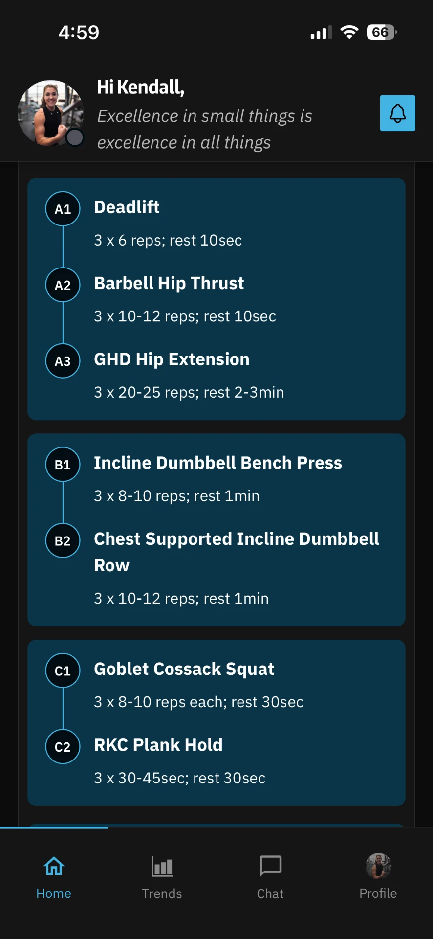 HPM strength training session in CoachRX showing Deadlift, Barbell Hip Thrust, GHD Hip Extension, and other programmed movements