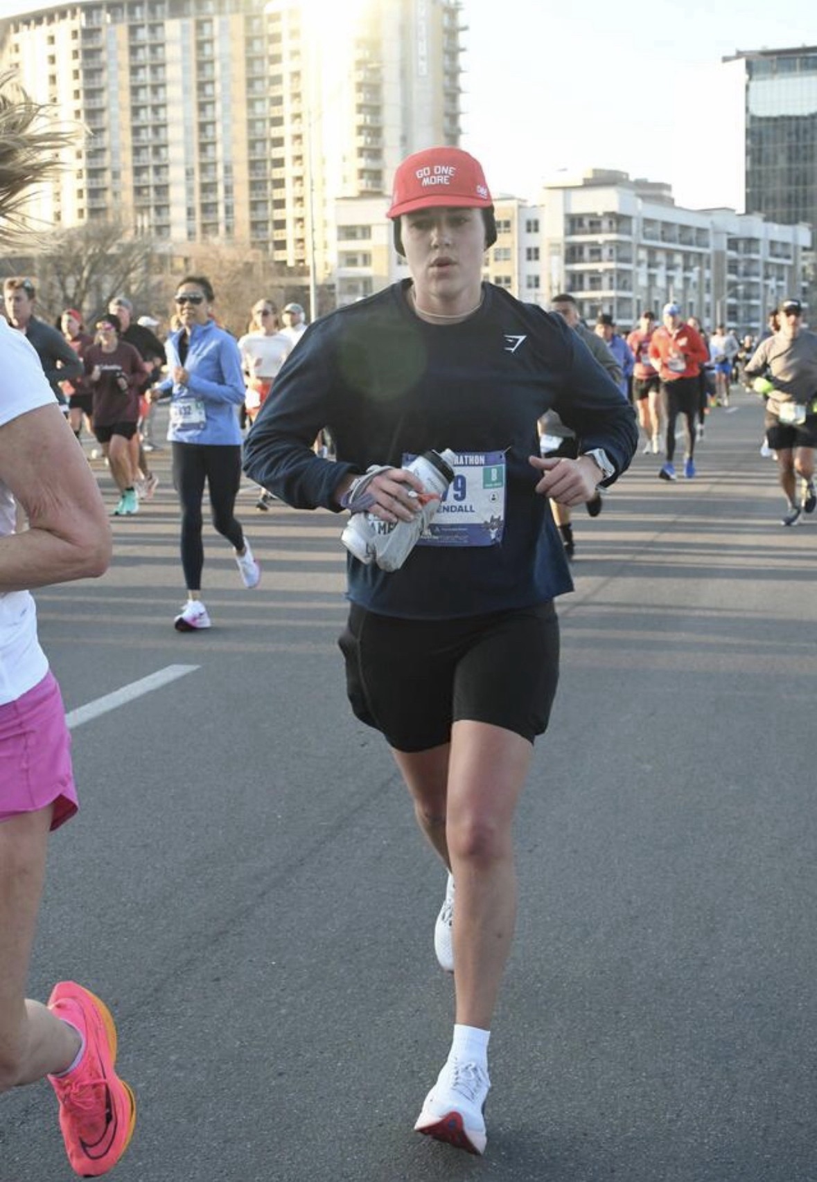 Kendall running a marathon mid-race